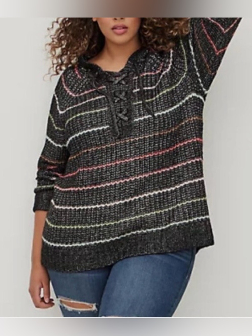 NWT Torrid Size 3X Multi Stripe Chunky Yarn Knit Hooded Sweater Rainbow Black